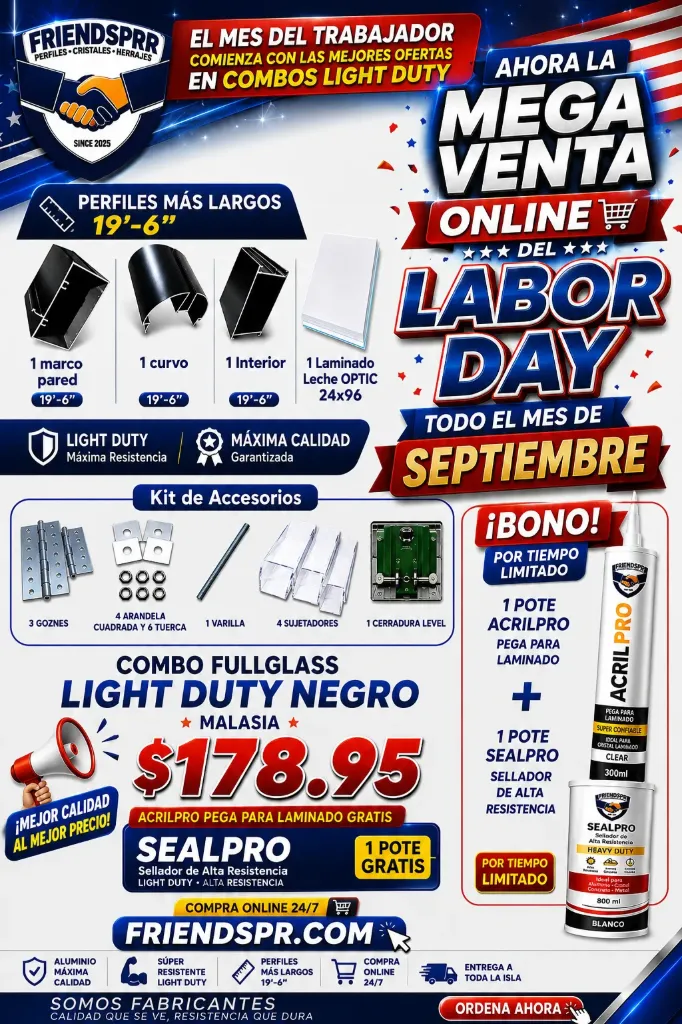 LD NEGRO-Combo Fullglass LIGHT DUTY con Accesorios y Laminado Leche