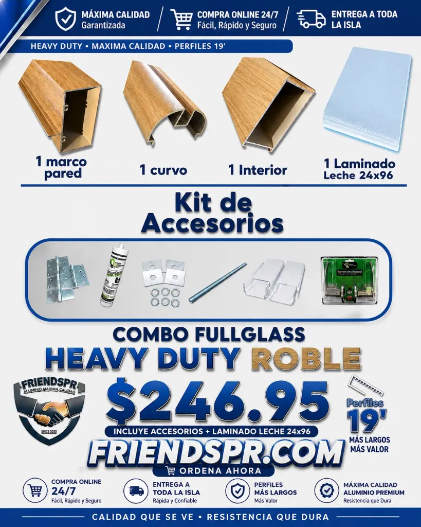 MADERA ROBLE- Combo FULLGLASS con Accesorios y Laminado Leche Optic 24*96 (Vietnam)